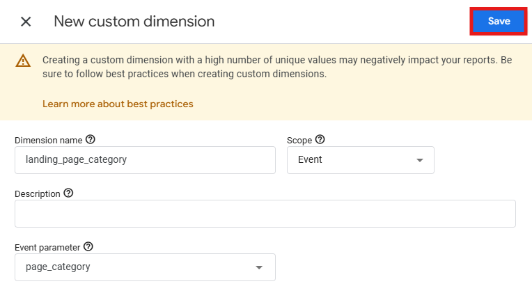 Custom dimension configuration form with name, scope, and event parameter fields