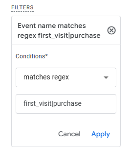 Filters section in GA4 Explorations with an Event name regex filter for user exploration