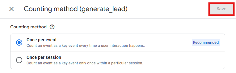 GA4 counting method selector showing Once per session and Once per event options