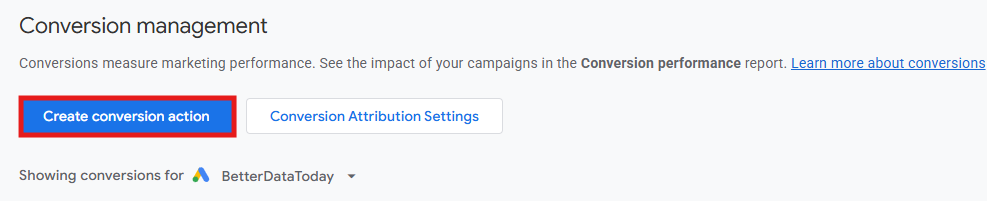 GA4 Conversion management showing Create conversion action button