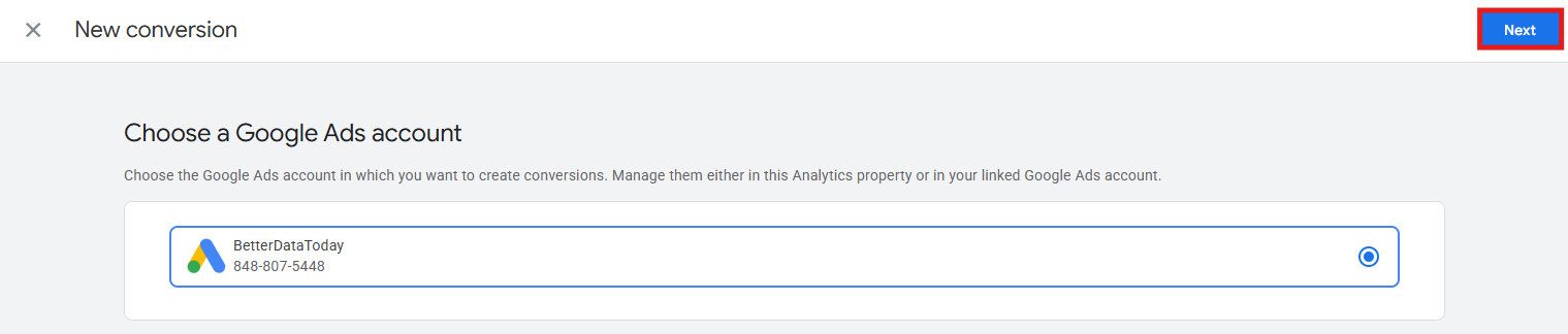 GA4 import flow showing Google Ads account selection and Next button