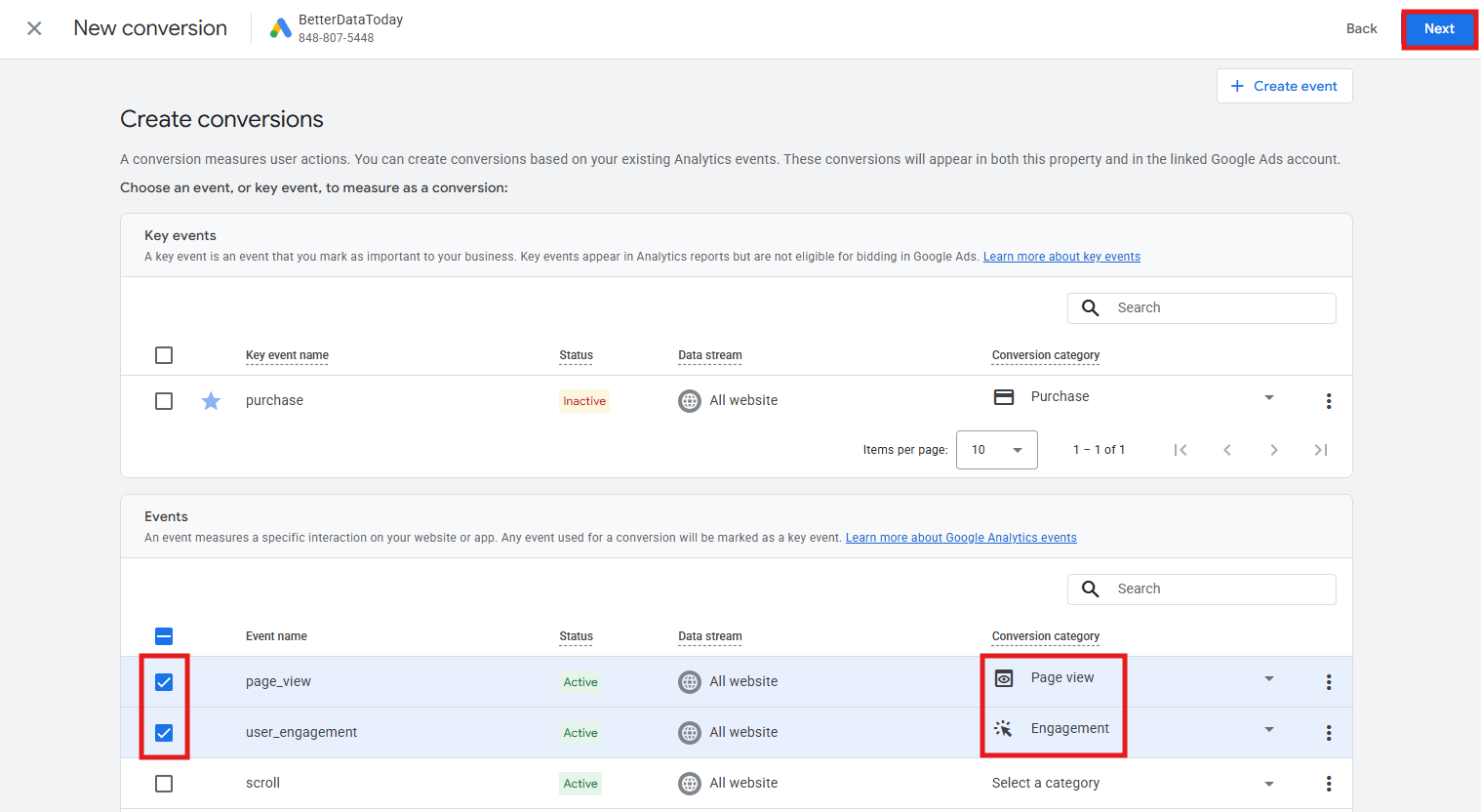 GA4 import flow showing event selection and category assignment