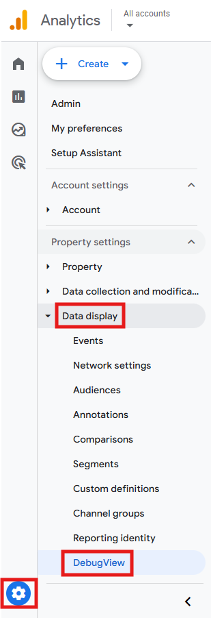 GA4 Admin panel showing Data display > DebugView section