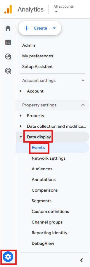 GA4 Admin > Data display > Events panel