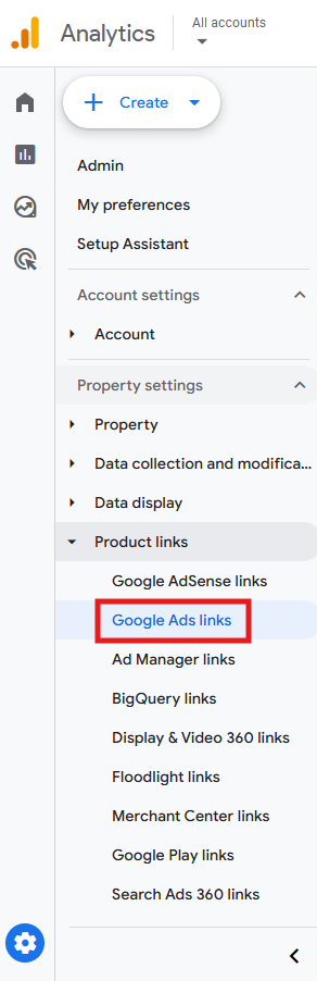 GA4 Admin panel showing Product links and Google Ads links option