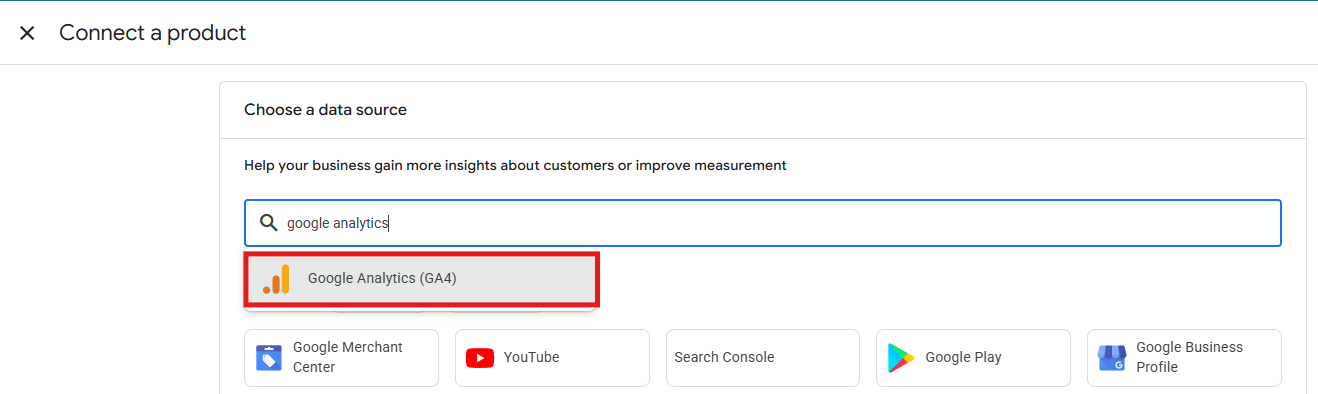 Google Ads product selection screen with Google Analytics GA4 option highlighted