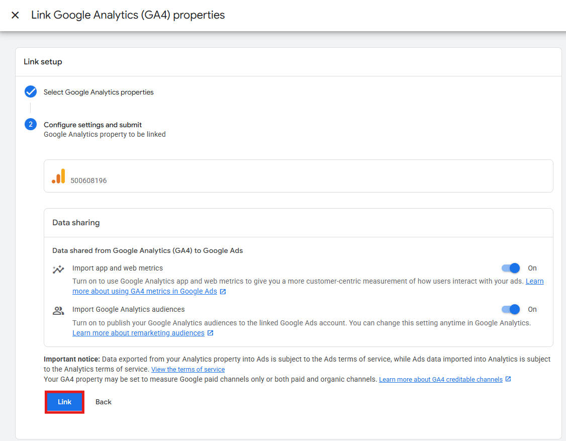 Google Ads link settings screen showing import options with Link button
