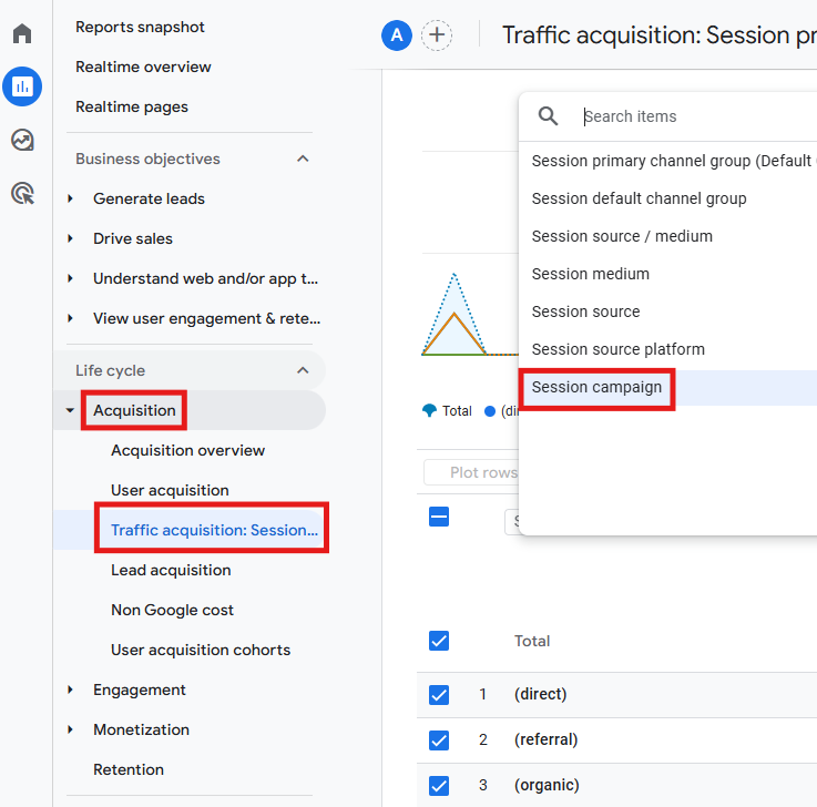 GA4 Traffic acquisition report showing the Session campaign dimension filter