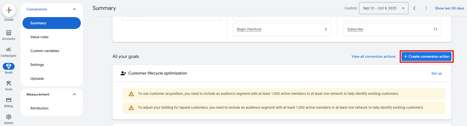 Google Ads Goals Summary screen showing the + Create conversion action button