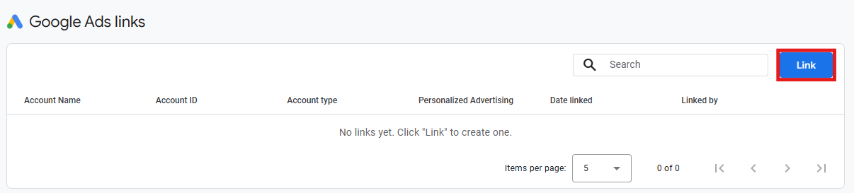 GA4 Google Ads links screen showing the Link button