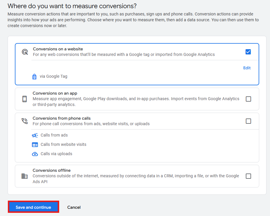 Google Ads conversion type selection screen showing website, app, phone calls, and offline options