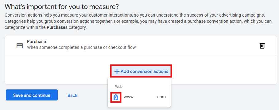 Google Ads conversion actions screen showing the + Add conversion actions button and Google tag selection