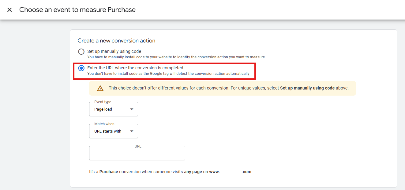 Google Ads conversion event selection window showing the Enter the URL option