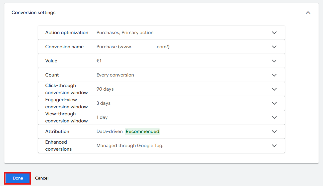 Google Ads Conversion settings panel showing action optimization, conversion name, value, counting method, and attribution model fields