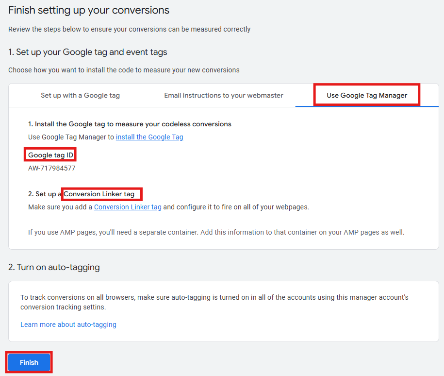Google Ads tag setup screen showing the Use Google Tag Manager option with Conversion ID and Conversion Label fields