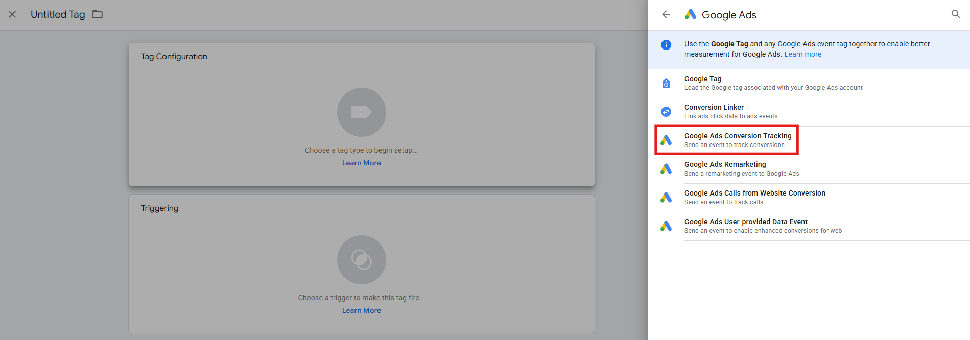 GTM Tags screen showing the New button and Google Ads Conversion Tracking tag type option