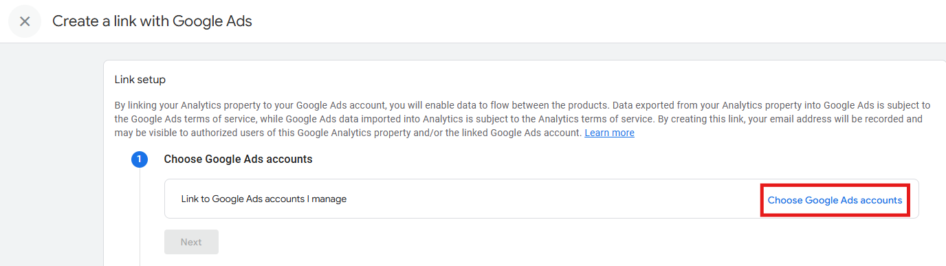 GA4 link setup screen showing the Choose Google Ads accounts button