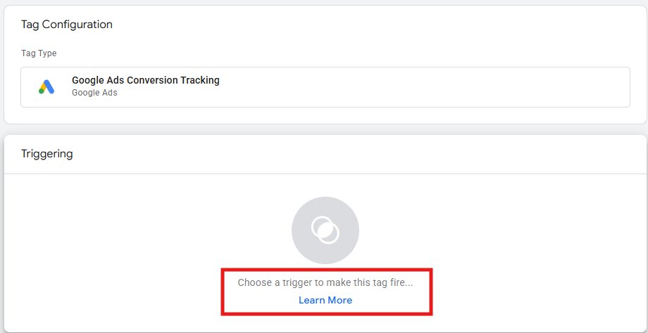 GTM Triggering section showing the trigger selection for the Google Ads Conversion Tracking tag