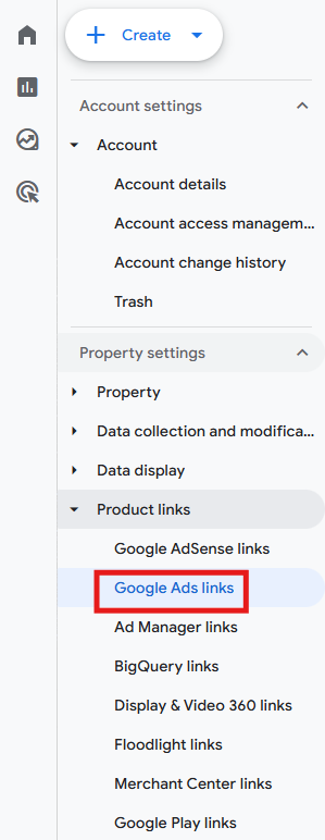 GA4 Admin panel showing Product links and Google Ads links option