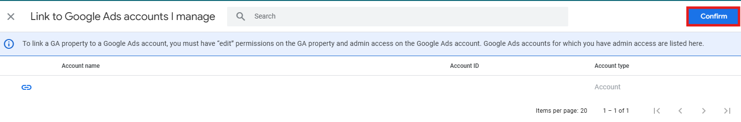 GA4 account selection screen showing a list of Google Ads accounts with Confirm button