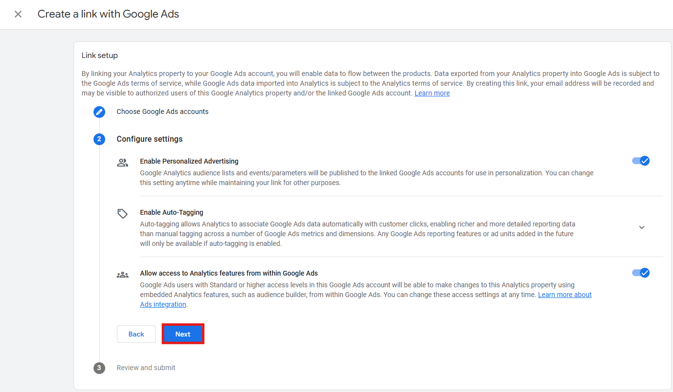 GA4 link configuration screen showing Personalized Advertising, Auto-Tagging, and Access to Analytics settings
