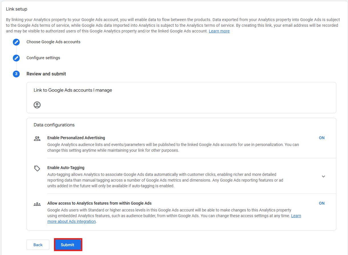 GA4 link review screen showing the Submit button