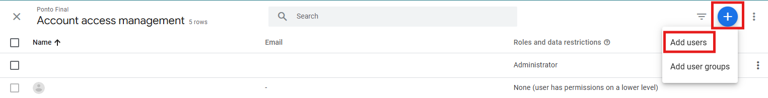 GA4 Account Access Management list with blue plus icon to add users