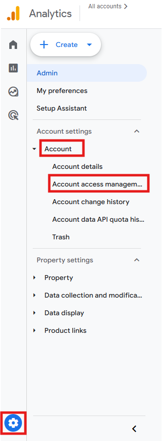 GA4 Admin menu showing Account Access Management option