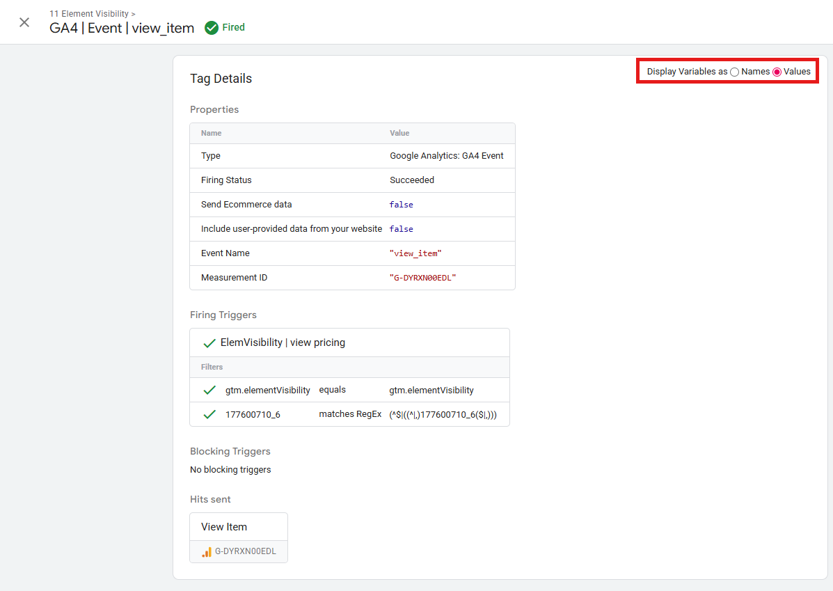 GTM tag detail view showing the Values mode with resolved variable data