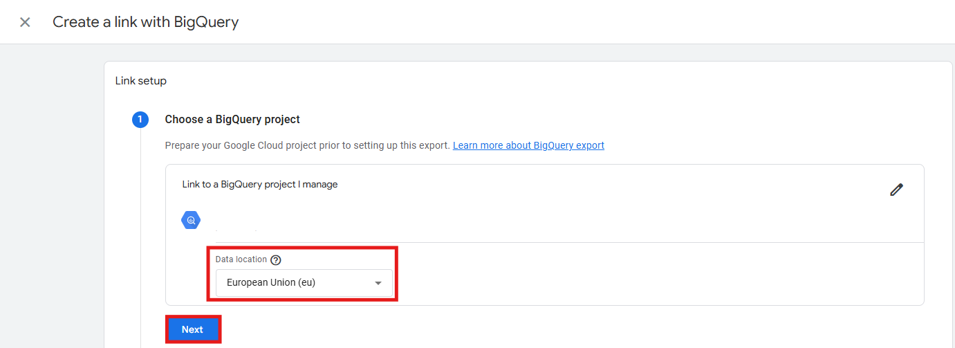 GA4 BigQuery link wizard showing the data location selection step