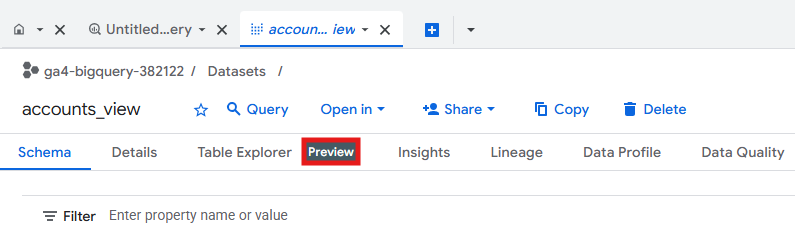 BigQuery table Preview showing rows of GA4 event data with columns for event name, parameters, device and traffic source