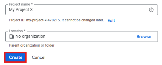 Google Cloud new project form with Project name and Location fields