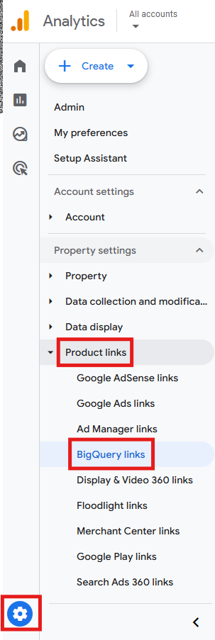 GA4 Admin panel showing Product links and BigQuery links option