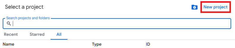 Google Cloud project selector window with the New project button highlighted