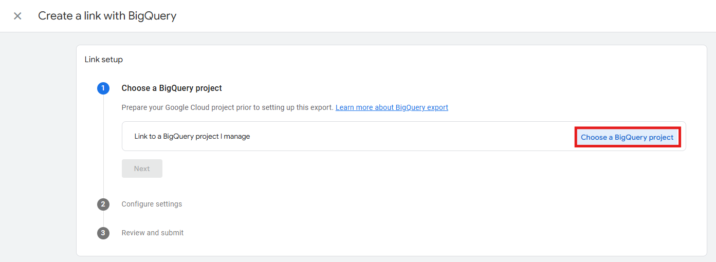 GA4 BigQuery link wizard showing the project selection step