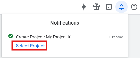 Google Cloud notification and project selector to switch to the new project