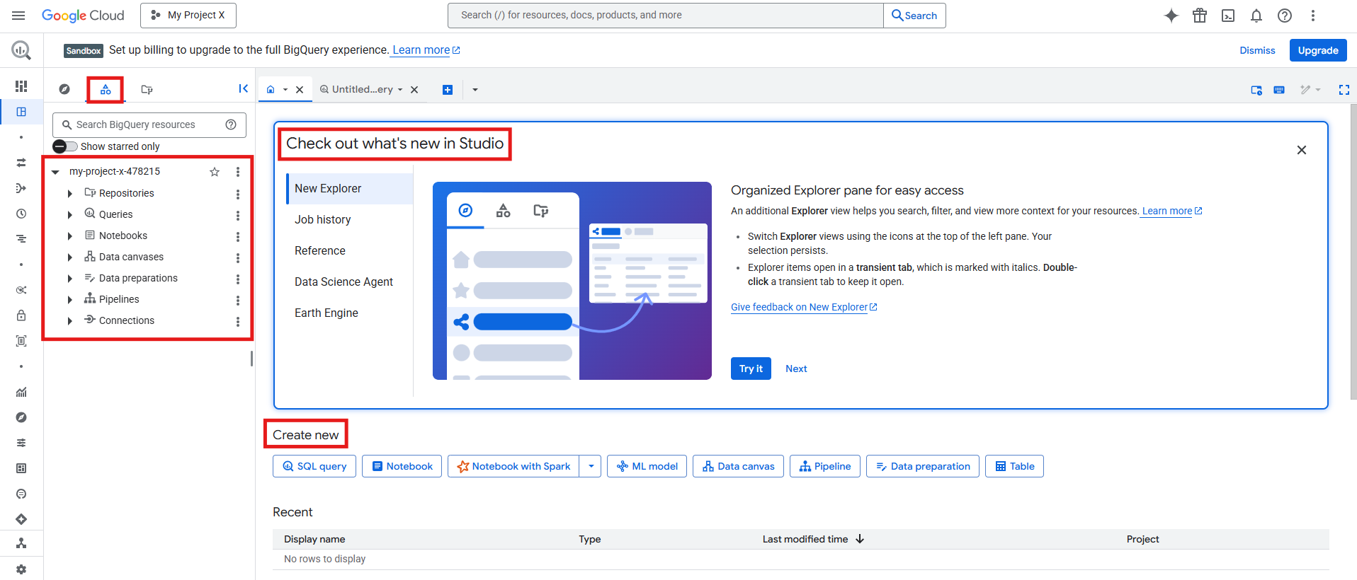 BigQuery Studio interface showing the welcome tab, Explorer sidebar and resource creation options