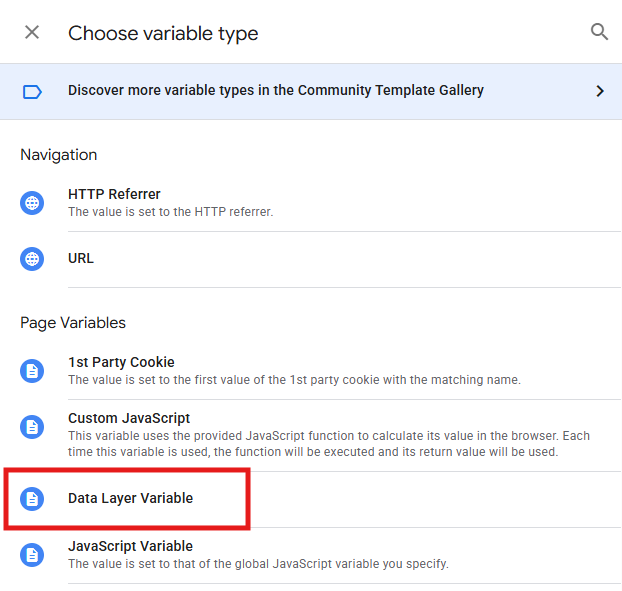 GTM Variable Configuration panel showing Data Layer Variable option selected