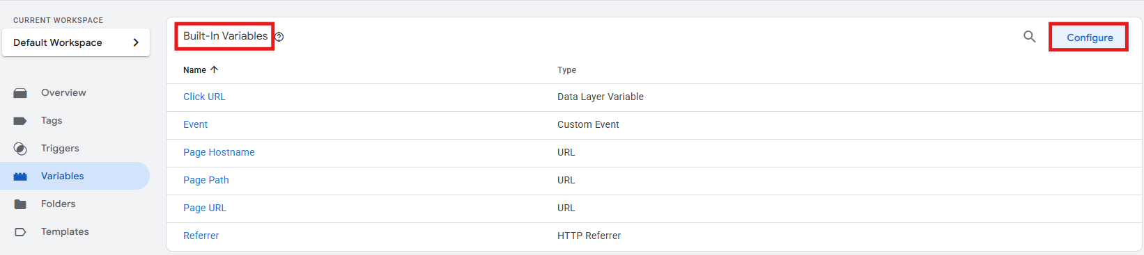 GTM Configure Built-in Variables panel with variable groups listed